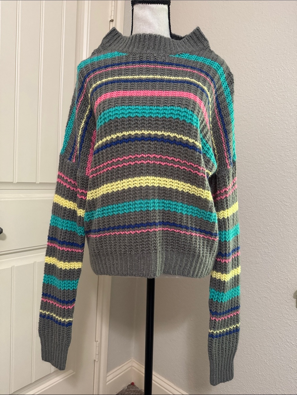 POL Gray Sweater with Teal, Pink & Yellow Stripes